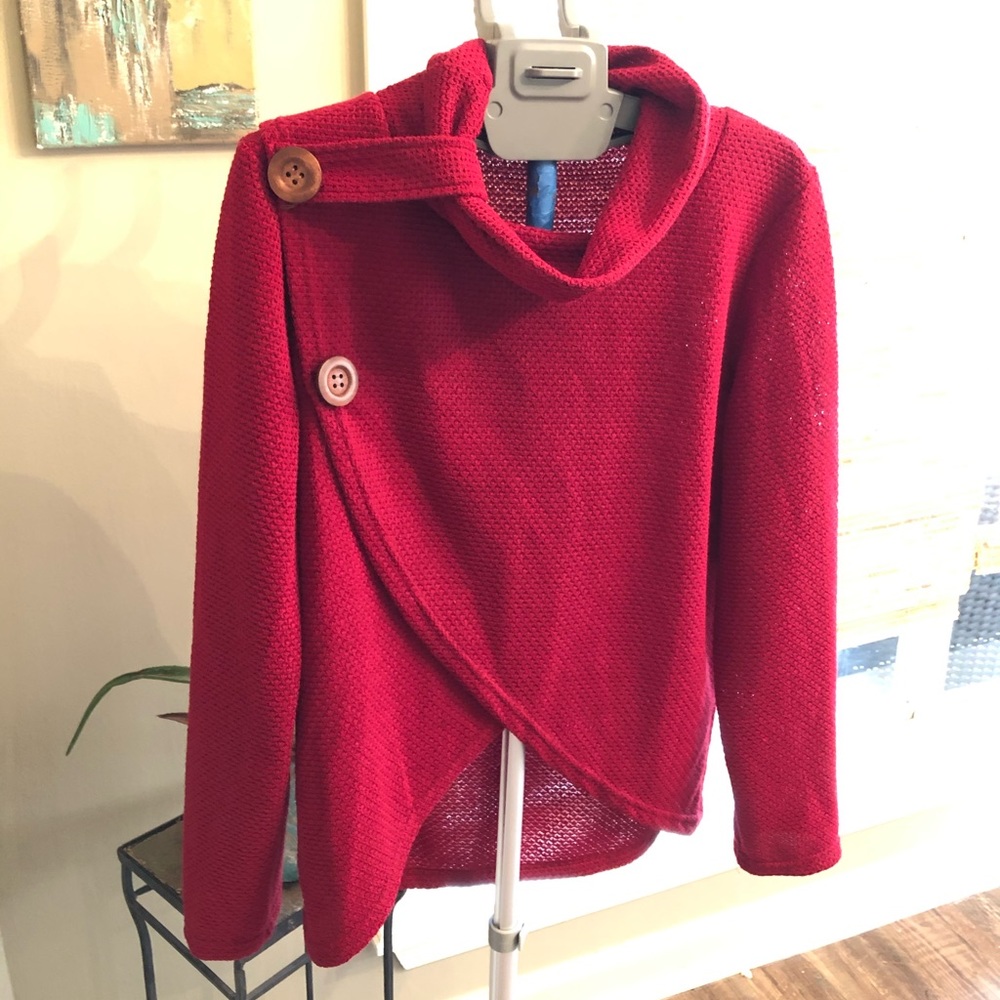 Cowl neck button accent sweater